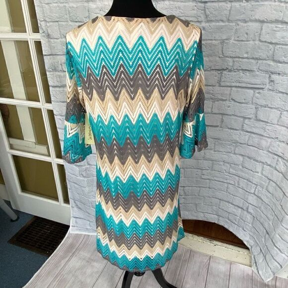 Tacera open knit fully lined 3/4 bell sleeve chevron print dress women sz Med - Picture 8 of 14